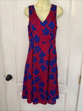 Modcloth‎ Timeless Magnetism Red Midi Summer Dress with Bold Blue Floral Print